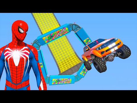 SPIDER-MAN BIGGEST MEGA RAMP CHALLENGE Bike, Super Car & Boat #gta5 #spiderman