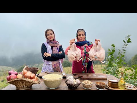 Iran Rural Stile Fried Chicken and Rice Cooked in Foggy & Rainy Village