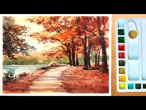 Watercolor painting for beginners Autumn Season Landscape and Trees