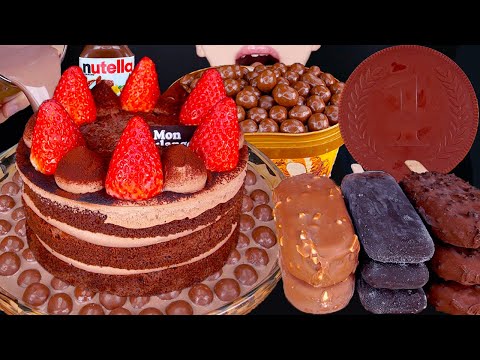 ASMR MALTESERS STRAWBERRY CHOCOLATE CAKE ICE CREAM NUTELLA DESSERT MUKBANG먹방 チョコレート 咀嚼音EATING SOUNDS