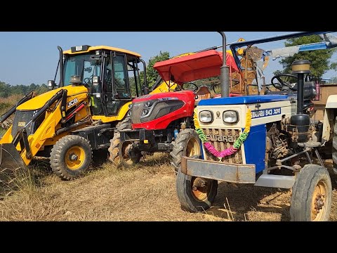 JCB 3DX Backhoe Eco Machine Loading Red Soil In Mahindra And Swaraj Tractor Trolley | Jcb Cartoon