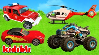 Camión Monstruo Choca y Suelta Vacas 🚨 Bomberos, Ambulancia y Helicóptero | Video Infantil | Kidibli