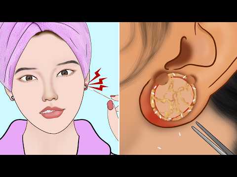 ASMR Remove Unmanaged Huge Infected Ear Piercing Ring | Maggots Removal Animation