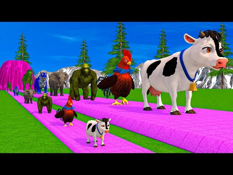 Paint & Animals Duck,Gorilla,Lion,chicken,Cow,Sheep Fountain Crossing Transformation Animal Cartoon