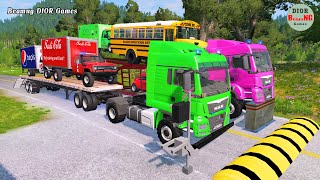 Double Flatbed Trailer Truck vs speed bumps|Busses vs speed bumps|Beamng Drive|1176