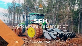 FAE stone crusher, forestry tiller and mulcher in action with a John Deere tractor
