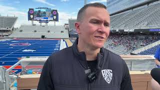Boise State football coach Spencer Danielson speaks to the media at the PAC-12 launch party