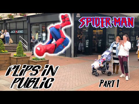 SPIDERMAN FLIPS IN PUBLIC! BACKFLIP! REACTIONS! 😮 | FLIPS & KICKS