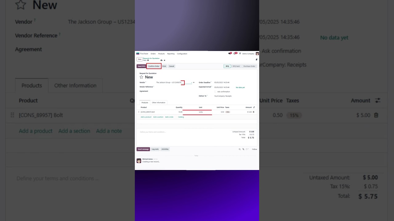 How to create purchase order in odoo #odoo #odooerp #odoo18 #erp #m3ldoo | 06.05.2025

In this quick Odoo tutorial, learn how to create a purchase order in under 60 seconds! We'll walk you through selecting a vendor, ...