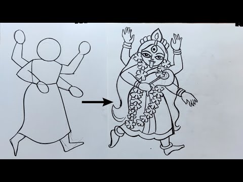 how to draw maa kali ful figer easy line art drawing step by step for beginners,kali thaku drawing,