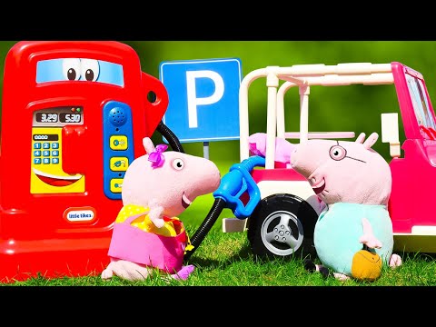 Peppa llena los coches de gasolina. Videos de juguetes para niños.