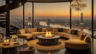 4K Luxury Jazz Penthouse 🌇 Sunset River View, Fire Ambience & Smooth Piano Escape