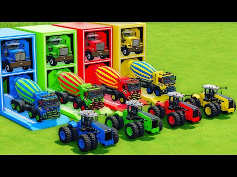 Garage with Colors - ALL MIXER TRUCK WITH DOUBLE FLATBED TRAILER TRUCK, KENWORTH, VOLVO - FS22