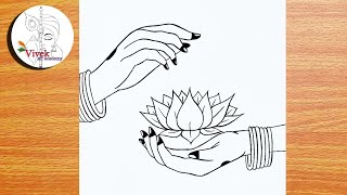 Lakshmi Maa with Lotus Flower Beautiful Drawing | Easy Drawing | Navratri Drawing Step by Step