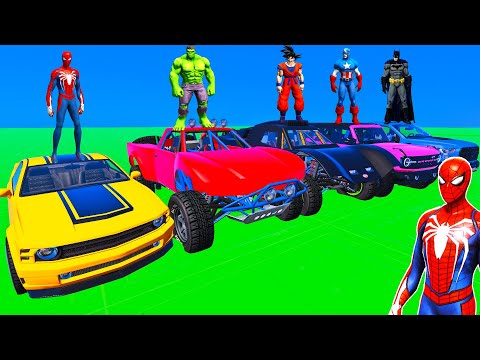 SPIDERMAN CARS vs Friends CARS Mega JUMP Challenge ! SUPERHEROES HULK GOKU TRUCKS EPIC RACE - GTA 5