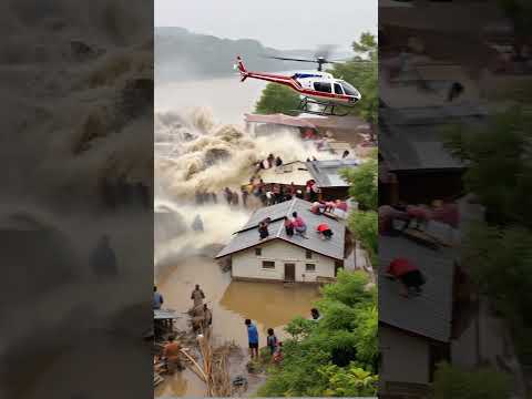 直升机盘旋，波涛汹涌！这场洪水救援行动太惊险了！#natural  #disaster  #relief   #operationsindoor  #ai