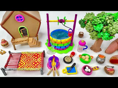 DIY How to make polymer clay miniature Water well, Kitchen set, Doll, Tree, Charpai | Village house