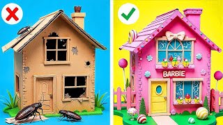 EXTREME DOLL ROOM MAKEOVER💖How to Make Cardboard House 📦 Cute Miniature Crafts By 123 GO!