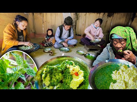 Nettles curry with Corn Rice cooking & eating || After a long time families together in the village