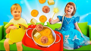 Bianca Cooks Soup with Meatballs for her Brother Carl and the Toy Rabbit Lucky