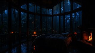 Rainy Night in Wooden Cabin with Fireplace | Cozy Rain Sounds for Sleep, Relaxation