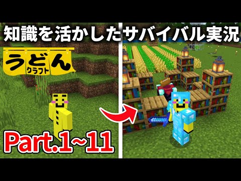 一気見!【マイクラ】知識を活かしたサバイバル実況動画まとめ【うどんクラフト】#1~11