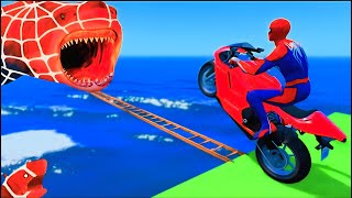 الأبطال الخارقين على القضبان دوامة قمع جسر 🕷️🏍️ RAINBOW SPIDER MAN! on Motorcycle in Spiral Brid