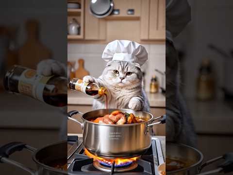 Кот сам готовит себе еду