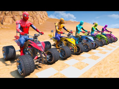 SPIDERMAN MOTORCYCLE RAMP CHALLENGE - MONSTER TRUCK OBSTACLES IN THE DESERT