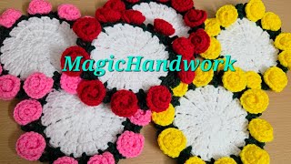 🌹Crochet Rose tea coffee coasters, Crochet rose Tabletop decor, Crochet rose thalpose for beginners