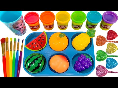 Oddly Satisfying l Rainbow Mixing Glitter in Magic Pan OF Fruit Toys | Glitter Hearts & Cutting ASMR