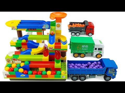 Marble Run Race ☆ HABA Slope & Retro Makita Truck, Excavator, Garbage Truck, Dump Truck, Ambulance