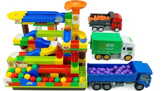 Marble Run Race ☆ HABA Slope & Retro Makita Truck, Excavator, Garbage Truck, Dump Truck, Ambulance