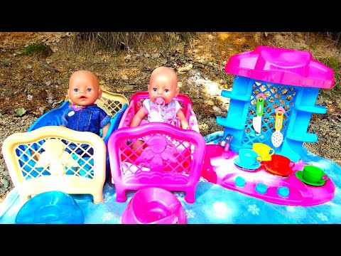 Baby Born twins playing with toy kitchen