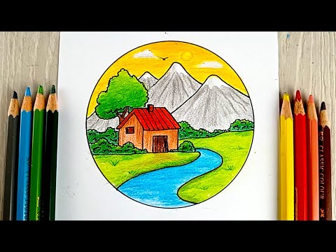رسم سهل | رسم منظر طبيعي بسيط بالالوان الخشبية  خطوة بخطوة  للمبتدئين 🌄🏡 | رسم طبيعة  |رسومات سهله