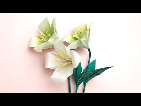 折り紙 ユリの花と葉 茎 簡単な折り方 Origami Lily flower and leaves stem（NiceNo1）