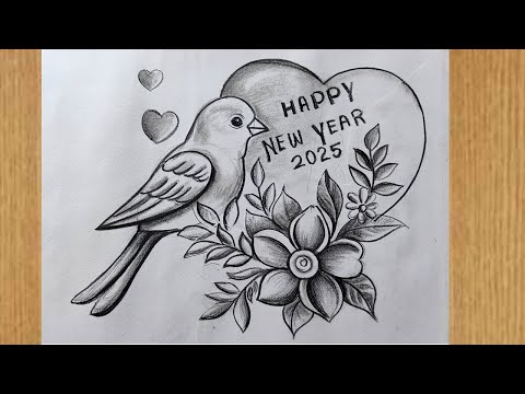 happy new year 2025 drawing easy,beautiful new year card drawing,new year drawing easy with pencil ,