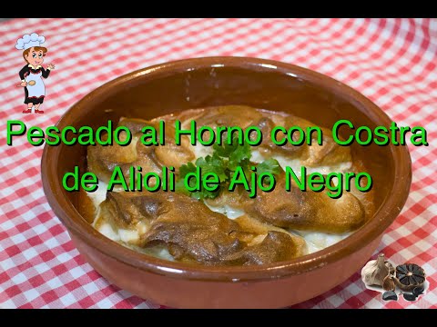 Receta de pescado con costra de alioli de ajo negro, fogonero al horno en su punto.😋😋😋😋😋