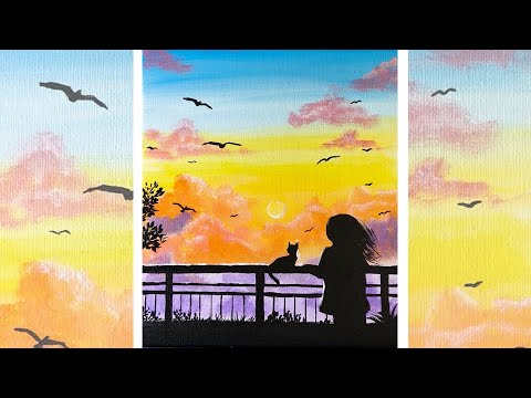 How to Draw Sunset Landscape acrylic painting | Beautiful Landscape pictures acrylic painting