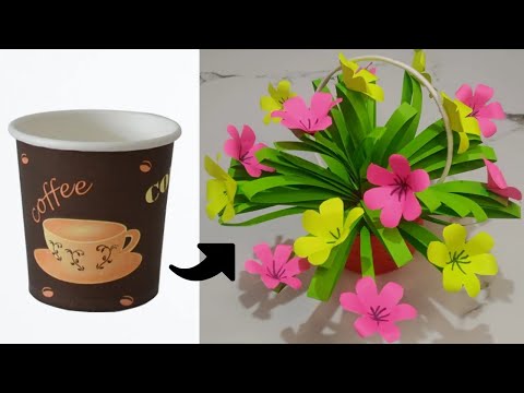 Paper flower vase making easy | Paper flower vase with paper cup | How to make guldasta with paper