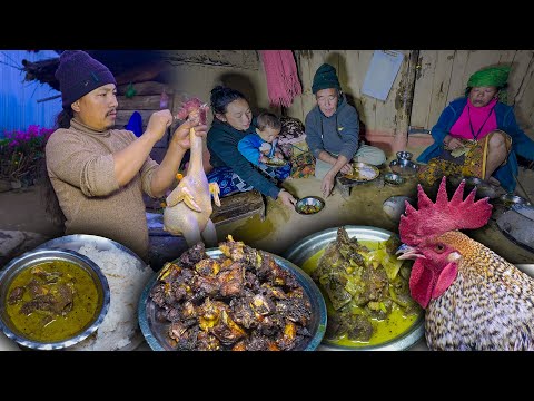 Roasted Local Chicken Curry Gravy || Chicken Recipe with Rice cooking & eating in village kitchen