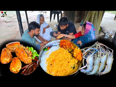 নদীর গলদা চিংড়ির মাথা ভেজে লাল ঘিলু দিয়ে ভাত মাখিয়ে খাওয়া | RIver prawn fry | villfood