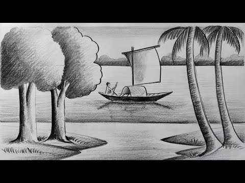 how to draw easy pencil sketch scenery,landscape pahar and river side scenery drawing,