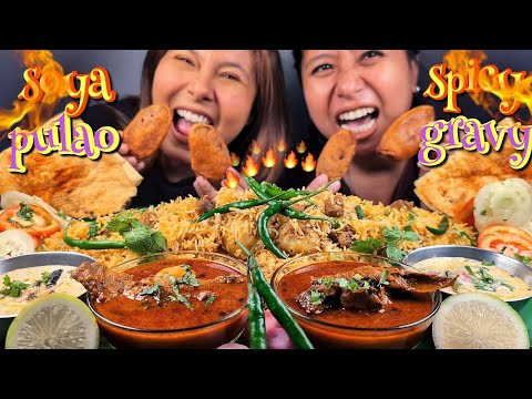 COOKING & EATING VEG PULAO WITH SPICY GRAVY CHALLENGE | VEG PULAO, GRAVY, RAITA, PAKODA & CHILLIES