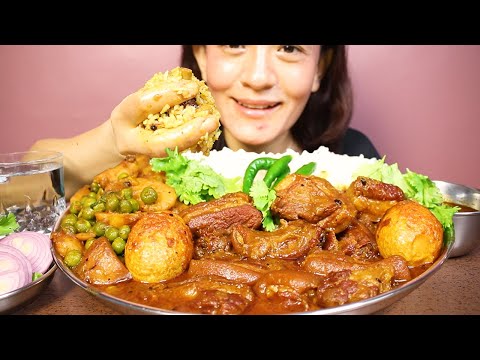 SPICY FATTY MUTTON MASALA, BOTTLE GOURD CURRY, MATAR ALOO CURRY AND RICE #ASMR/EATING SHOW MUKBANG