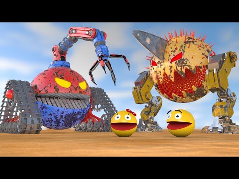 Pacman & Ms. Pacman vs. CraneBrain Robot & ChainSawWalker Robot Monsters