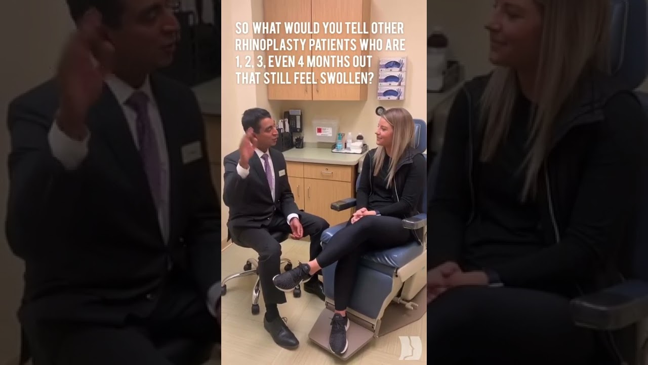 Doctor discussing rhinoplasty recovery with patient.