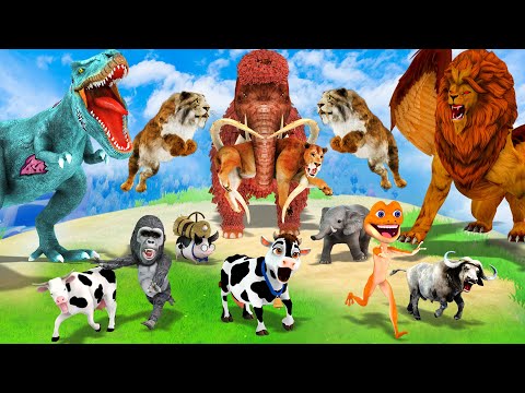 5 Giant Elephant Cow Gorilla vs Zombie Dinosaur vs 5 Giant Tiger Lion Attack Cow Buffalo Elephant