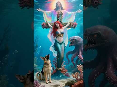 A puppy fights a giant octopus to save a mermaid, and Jesus is coming#cute #jesus #shorts #ai