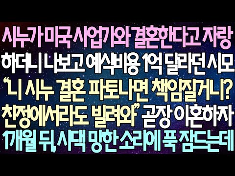 (반전 사연) 시누가 미국 사업가와 결혼한다고 자랑하더니 나보고 예식비용 1억 달라던 시모 곧장 이혼하자1개월 뒤, 시댁 망한 소리에 푹 잠드는데 /사이다사연/라디오드라마